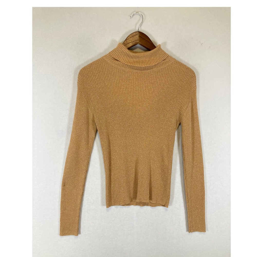 Vintage 90s Faded Glory Womens Small Gold Metallic Ribbed Turtleneck Sweater